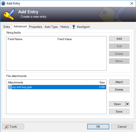 screenshot of the KeePass Add Entry dialog on the Advanced tab
