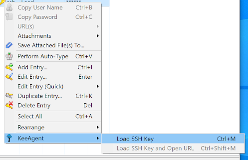 Screenshot of KeePass main window entry context menu on Windows 10