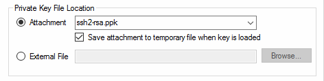 Screenshot of Private Key File Location with "Save attachments to temporary file when key is loaded" checked