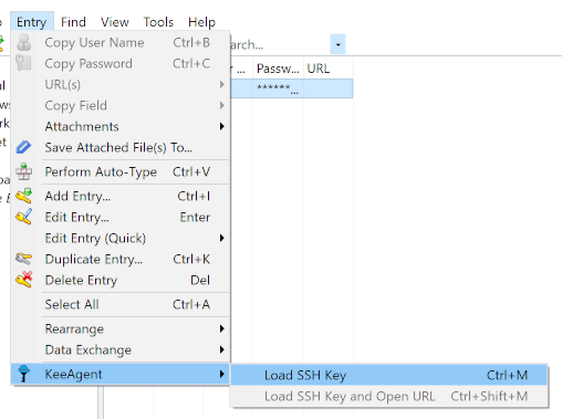 Screenshot of KeePass main window entry menu on Windows 10