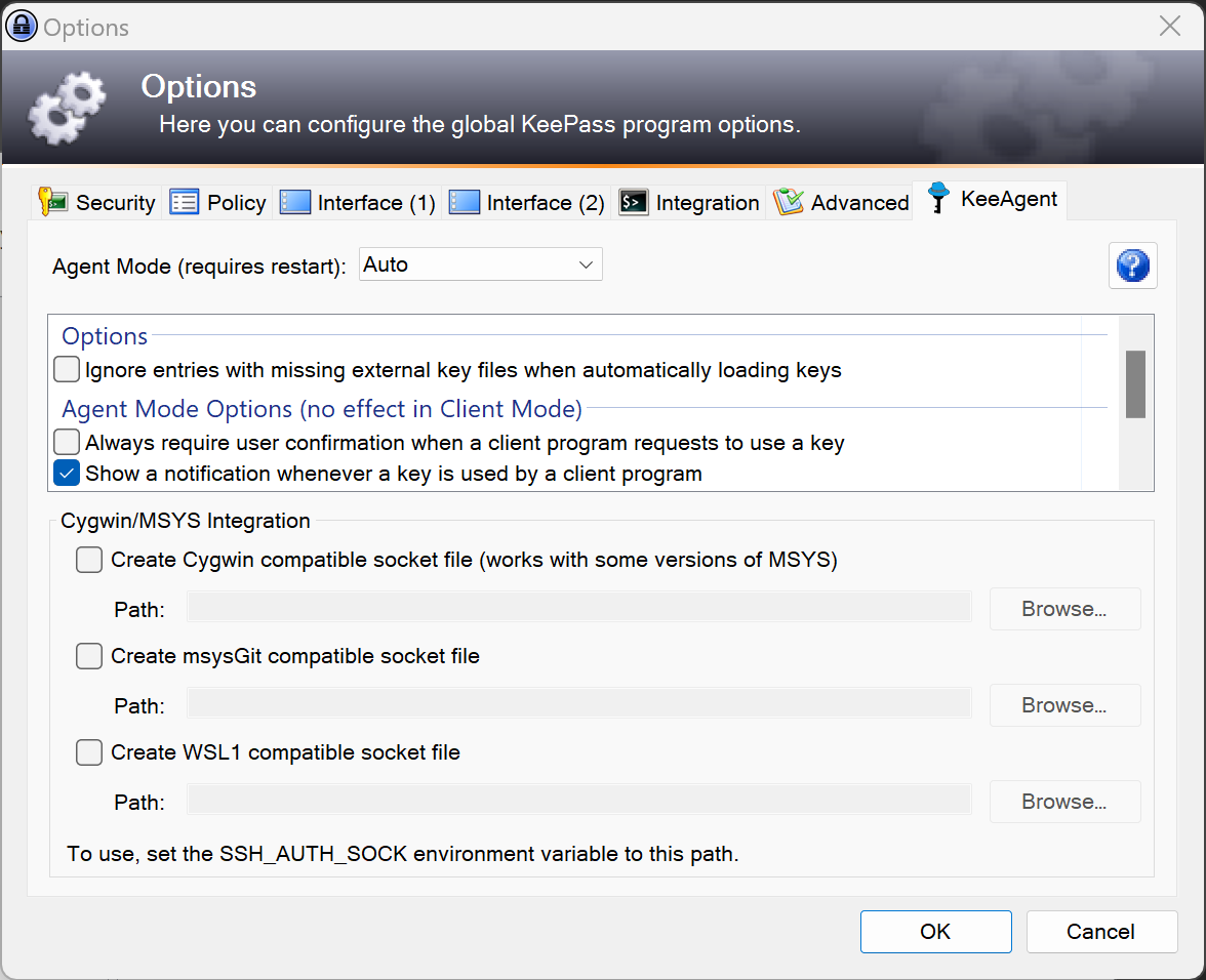 Screenshot of the KeeAgent tab of the KeePass (global) Options dialog