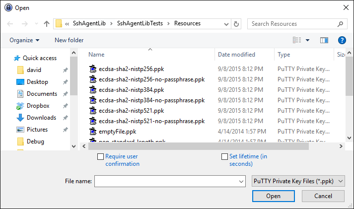 Screenshot of KeeAgent Manager file browser dialog box
