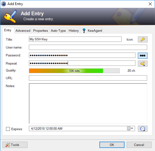 screenshot of the KeePass Add Entry dialog on the Entry tab