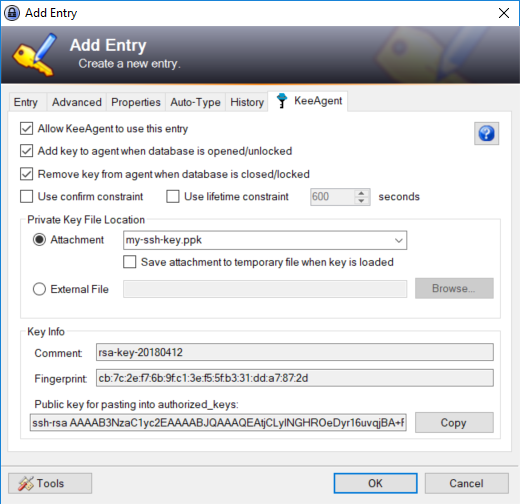 screenshot of the KeePass Add Entry dialog on the KeeAgent tab