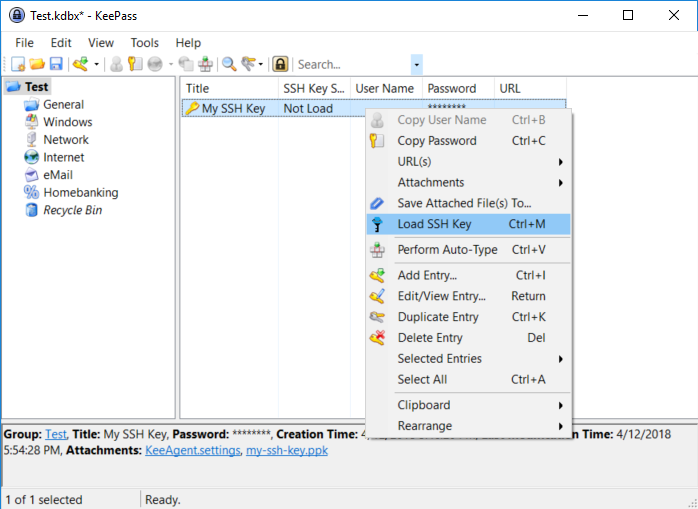 Screenshot of KeePass with the context menu open showing "Load SSH Key" selected.